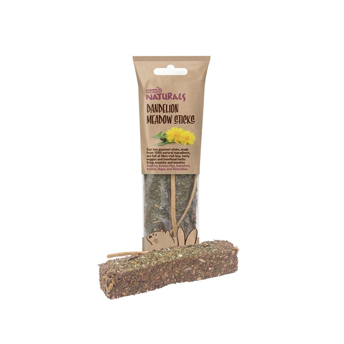 Rosewood Naturals Dandelion Meadow Sticks in their packaging, with a textured hay and herb stick and hanging cord displayed in front on a white background.