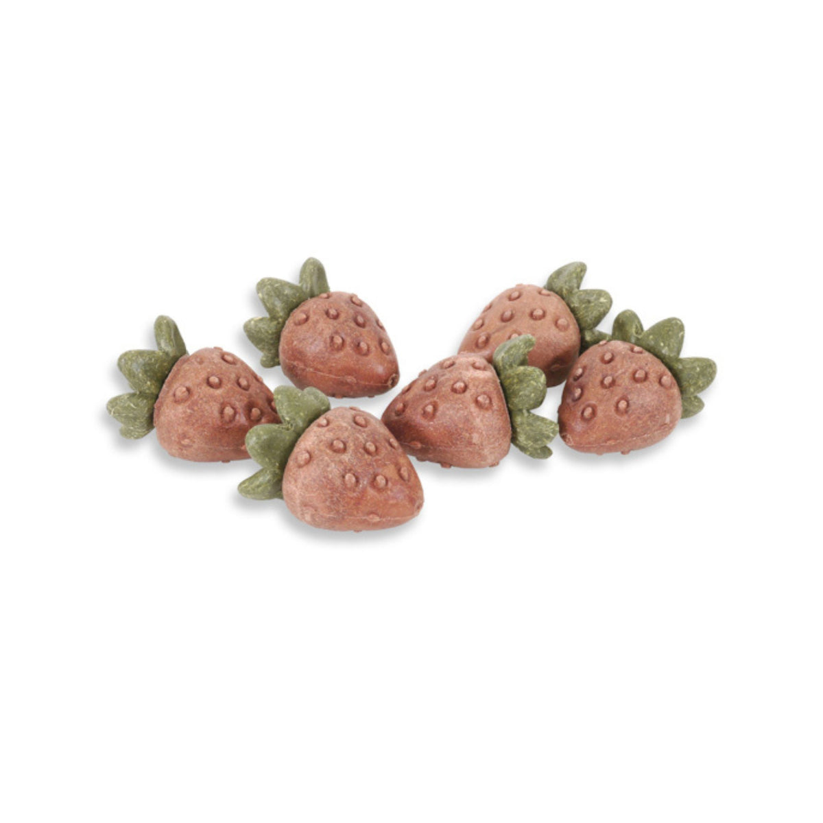 Five Rosewood Veggie Burst Scrummy Strawberries arranged on a white background - natural pink-brown strawberry shapes with moulded seeds and soft green leaf tops.