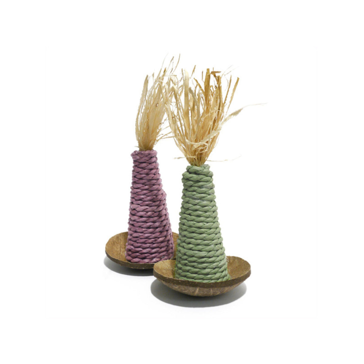Two Rosewood Wacky Wobbler toys on a white background — a purple and a sage green cone, each hand wrapped in twisted corn leaf with a natural dried grass tassel at the top and a coconut shell base.