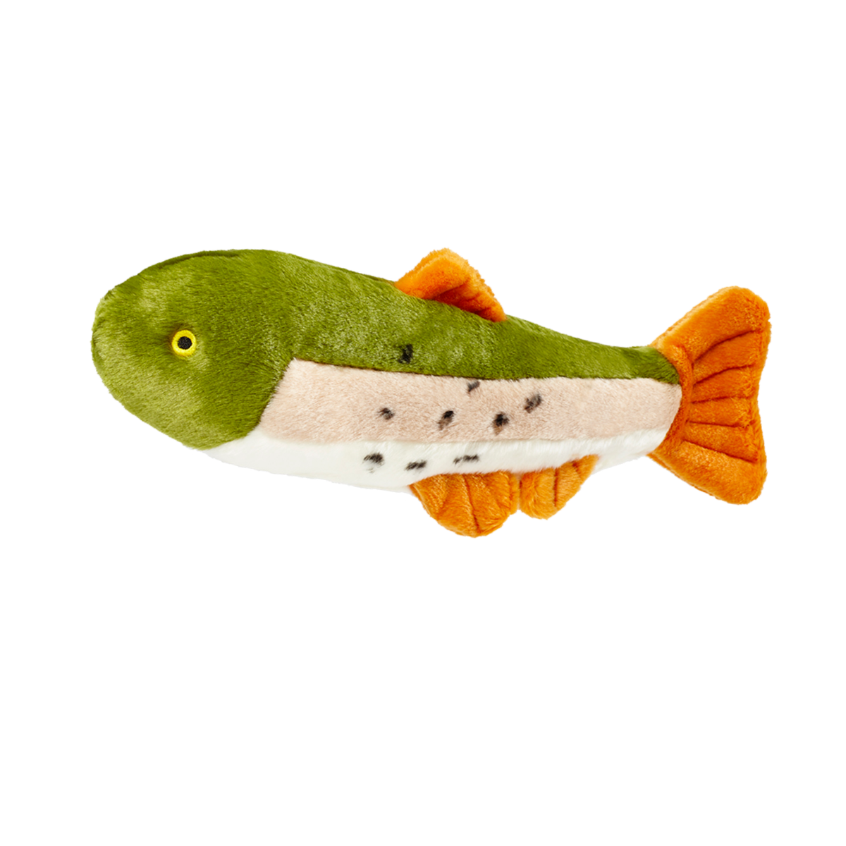 Ruby Rainbow Trout plush dog toy by Fluff &amp; Tuff - green and orange fish with embroidered eye, medium size on white background