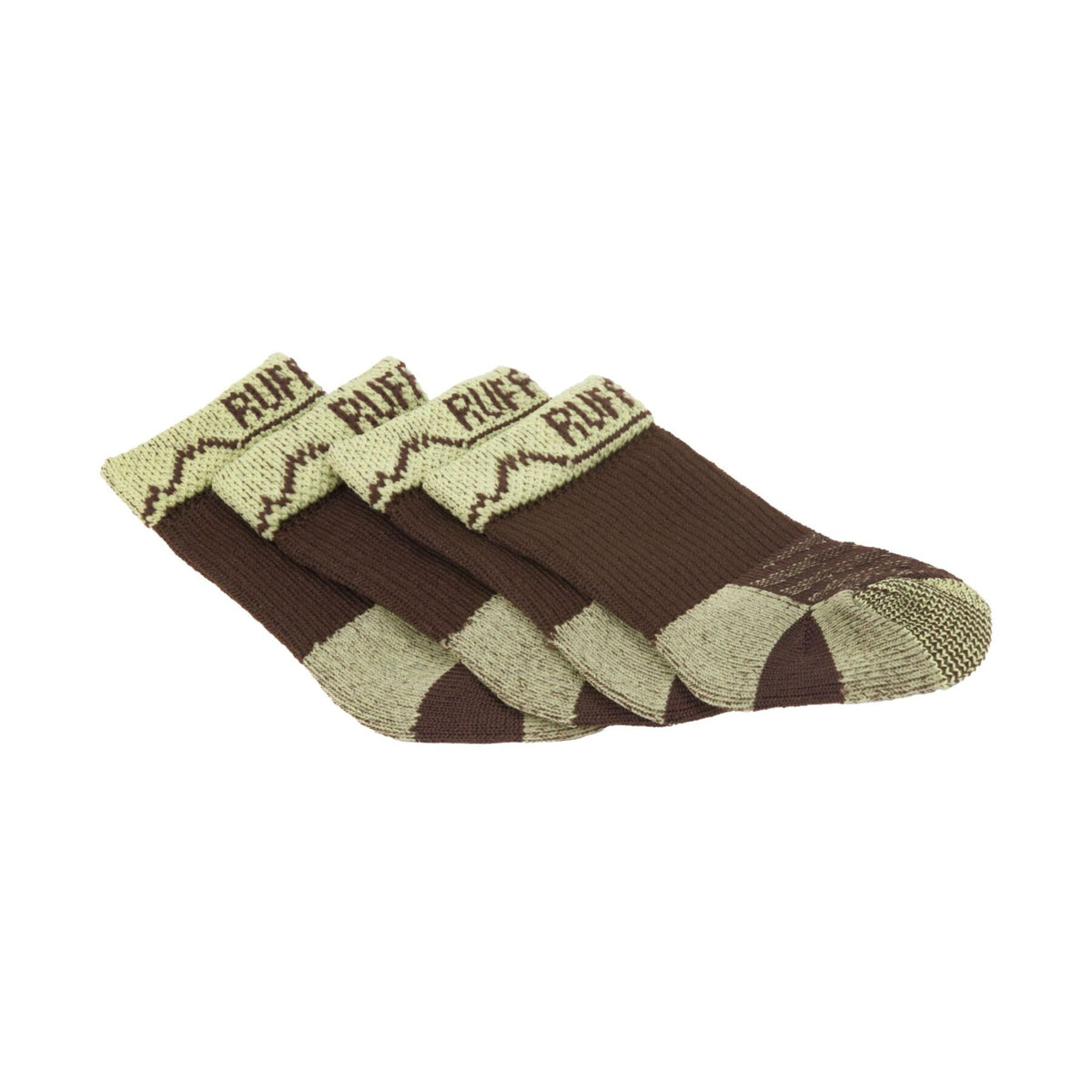Four Ruffwear Bark'n Boot Liners in Earth Brown fanned out on a white background, showing the cream and brown mountain-pattern cuff with RUFF branding, brown body, and reinforced toe