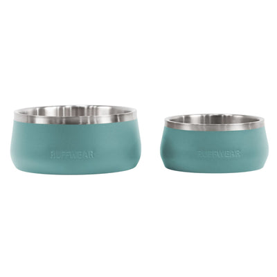 Ruffwear Basecamp Bowl Small and Medium in River Rock Green, nested together on white