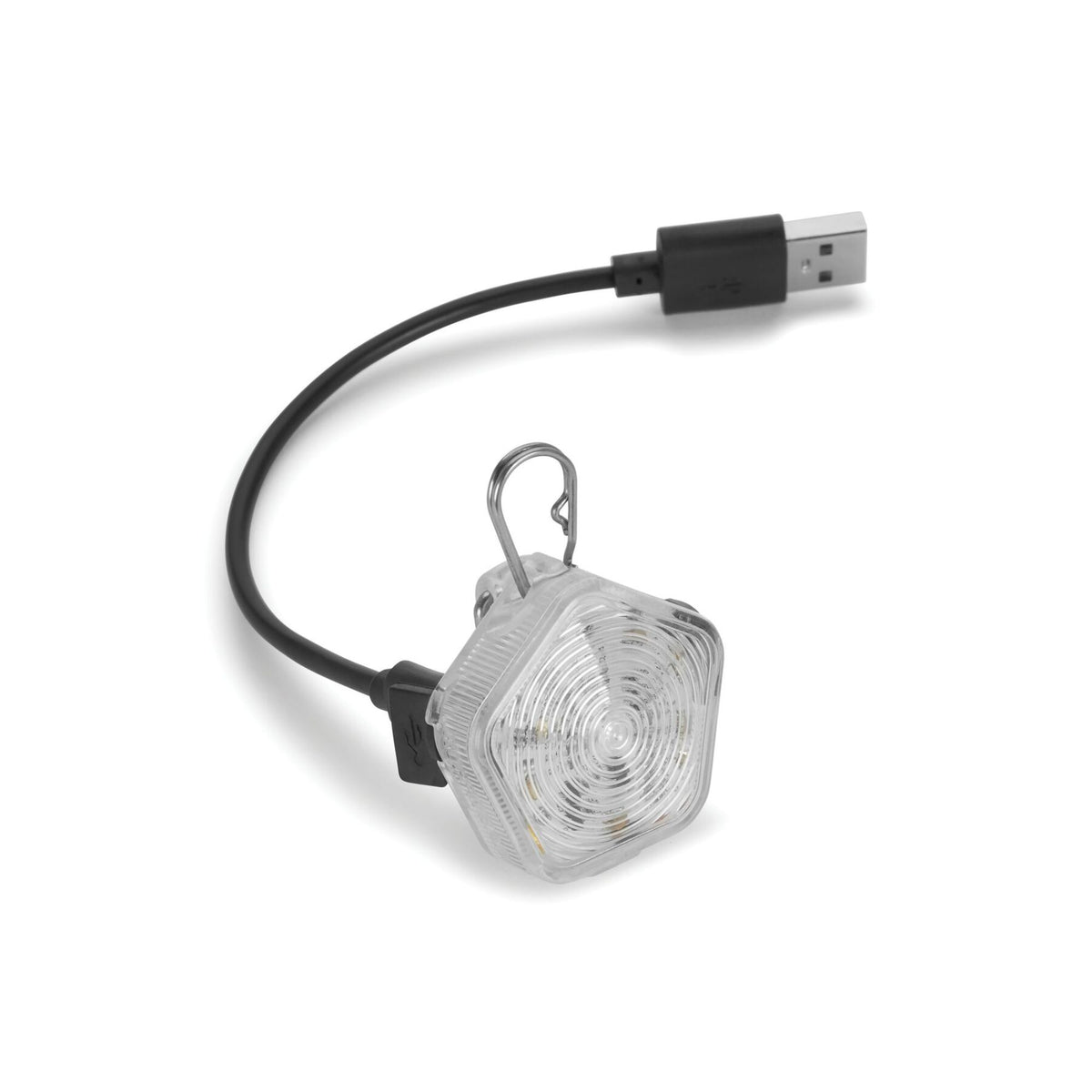 Ruffwear Beacon dog safety light in Clear Lake connected to the included micro USB charging cable against a white background, showing the charging port connection and stainless steel Quick Clip