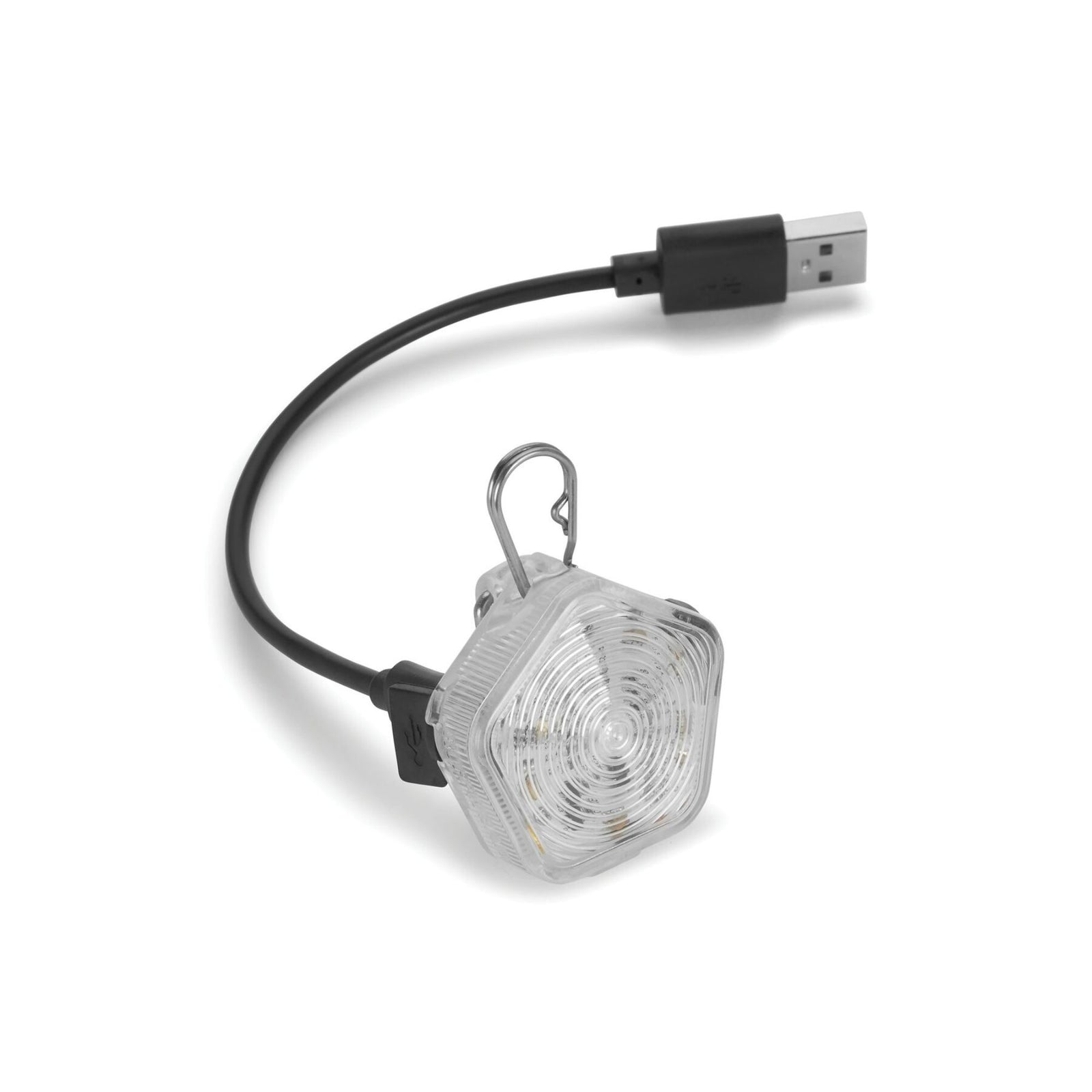 Ruffwear Beacon dog safety light in Clear Lake connected to the included micro USB charging cable against a white background, showing the charging port connection and stainless steel Quick Clip