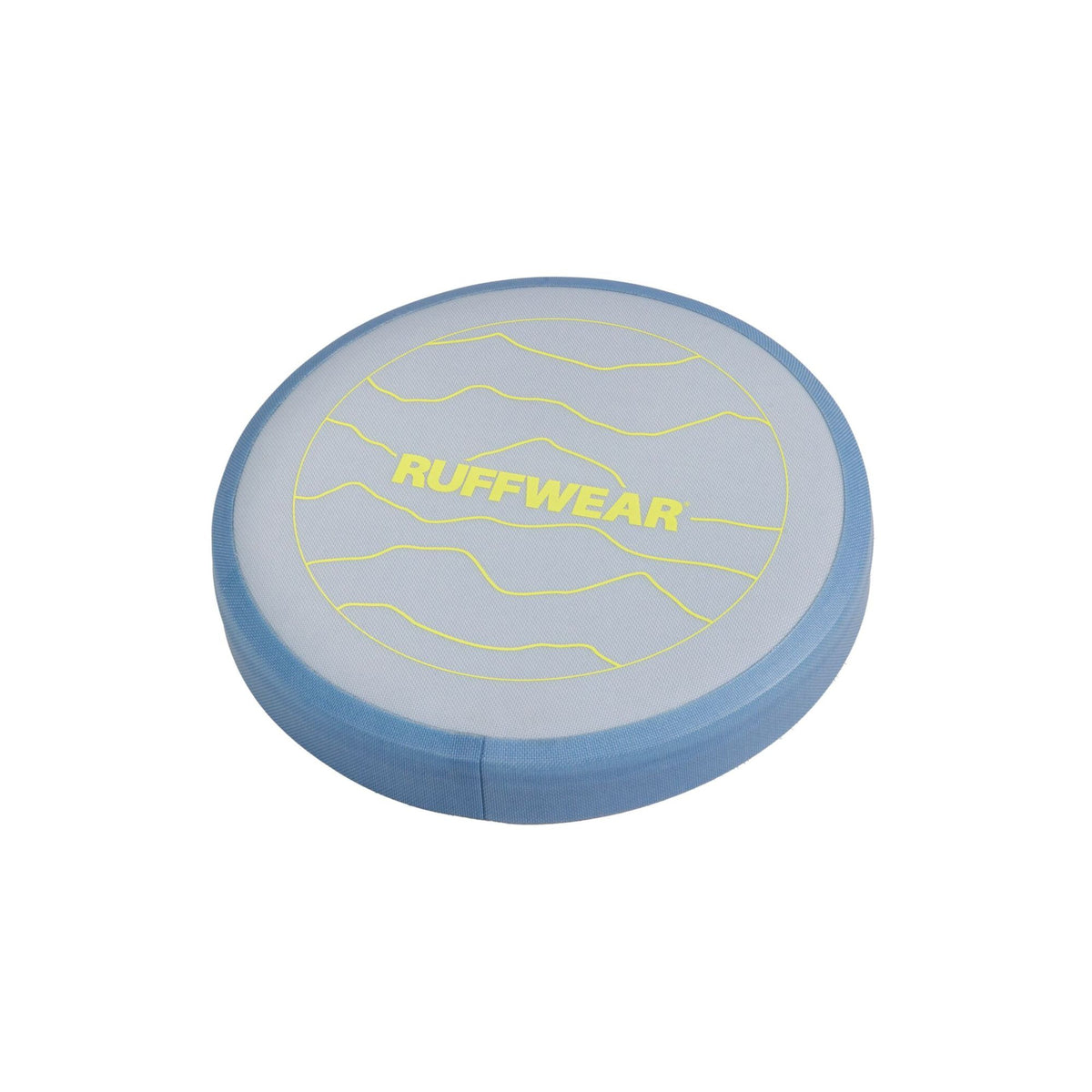 Ruffwear Camp Flyer dog disc toy in Polar Blue, shown from above, lightweight flexible flying disc with waterproof finish, Ruffwear branding visible