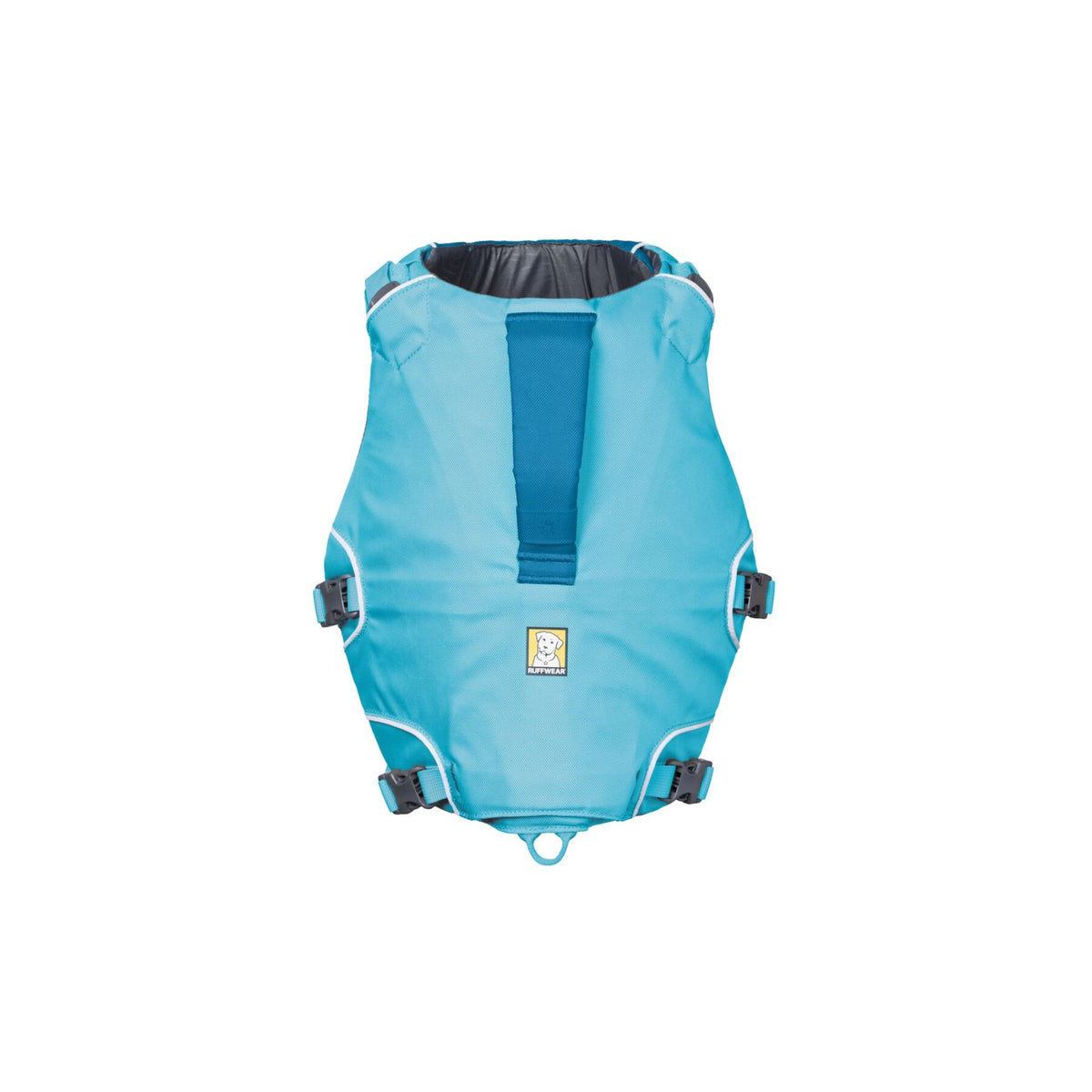 Ruffwear Confluence dog life jacket in Biolumin Blue, top-down view on white, showing the low-profile handle and foam panel layout across the back.