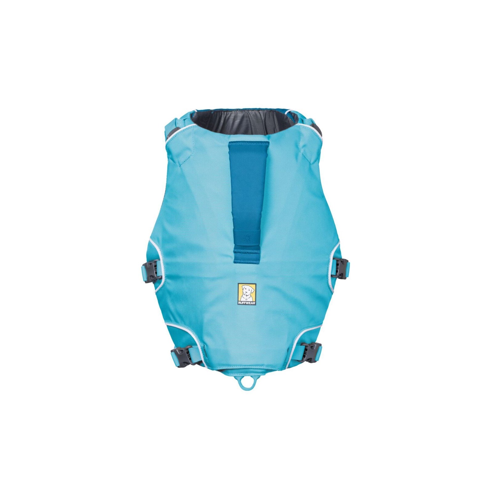 Ruffwear Confluence dog life jacket in Biolumin Blue, top-down view on white, showing the low-profile handle and foam panel layout across the back.