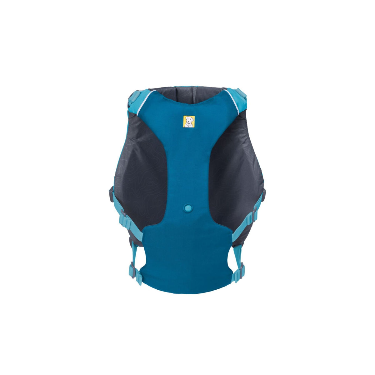 Ruffwear Confluence dog life jacket in Biolumin Blue, underside view on white, showing the belly panel construction and adjustment webbing.