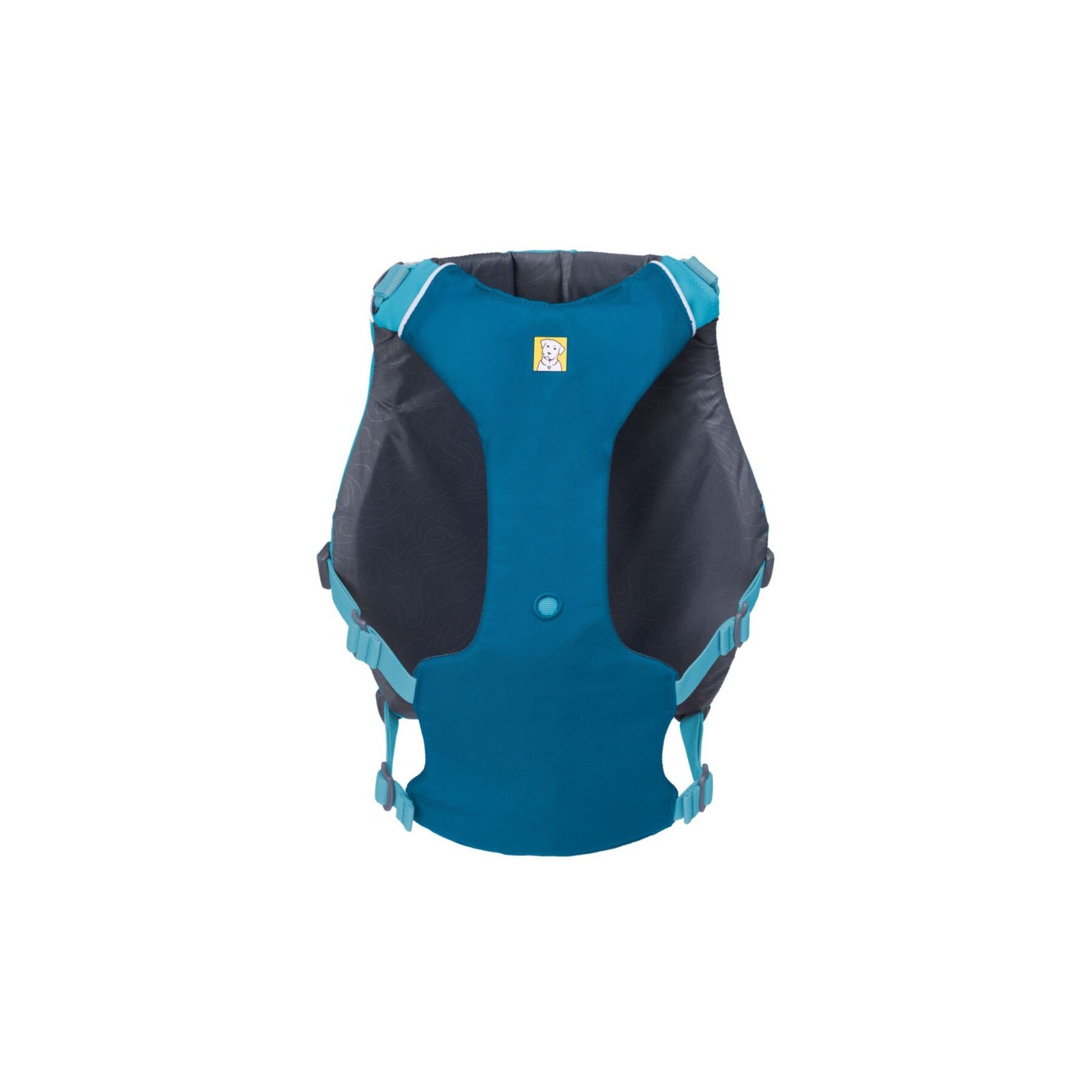Ruffwear Confluence dog life jacket in Biolumin Blue, underside view on white, showing the belly panel construction and adjustment webbing.