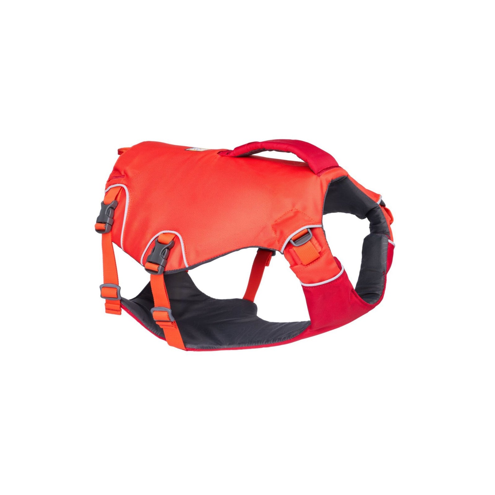 Ruffwear Confluence dog life jacket in Biolumin Blue, three-quarter view on white, showing harness-style construction, low-profile handle, and six-point adjustment webbing.