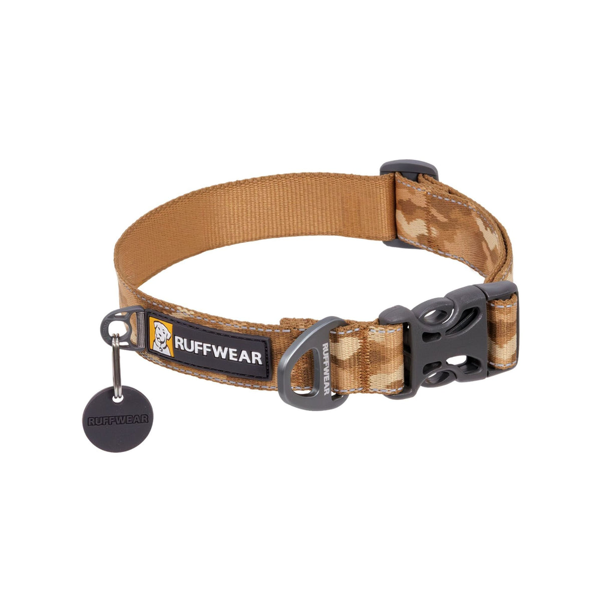 Ruffwear Crag Reflective Dog Collar in Desert Spice - warm tan geometric camo pattern with side-release buckle and integrated reflectivity - Barks &amp; Bunnies, UK Ruffwear stockist