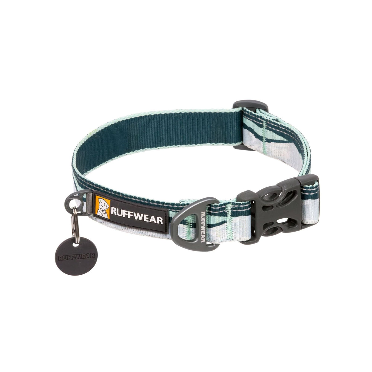 Ruffwear Crag Reflective Dog Collar in Northern Lights - pale blue and slate grey wave pattern with side-release buckle and integrated reflectivity - Barks & Bunnies, UK Ruffwear stockist