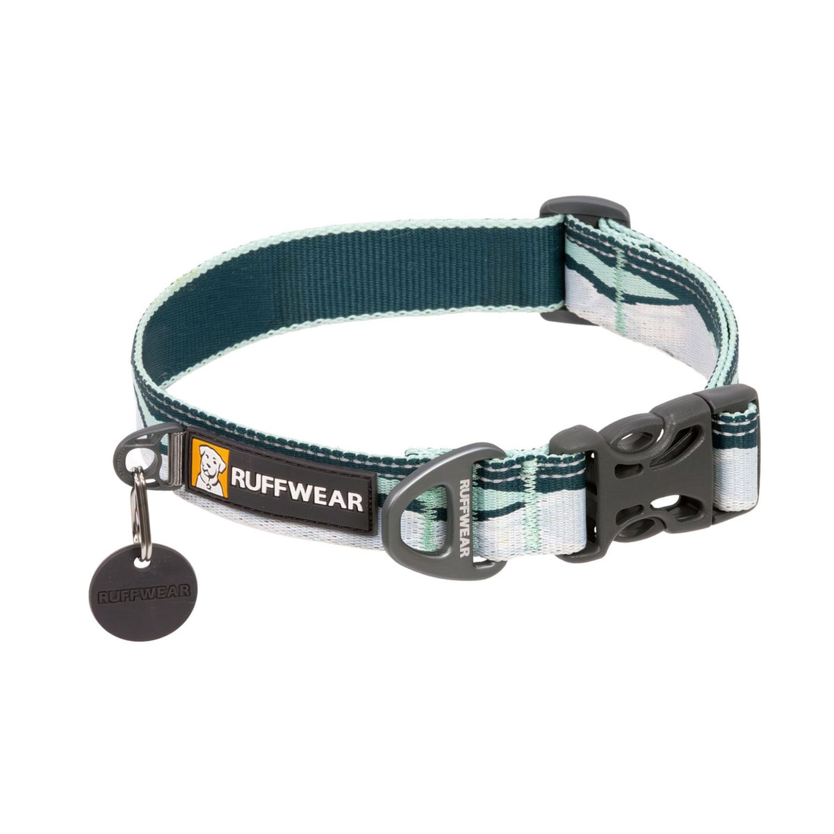 Ruffwear Crag Reflective Dog Collar in Northern Lights - pale blue and slate grey wave pattern with side-release buckle and integrated reflectivity - Barks & Bunnies, UK Ruffwear stockist