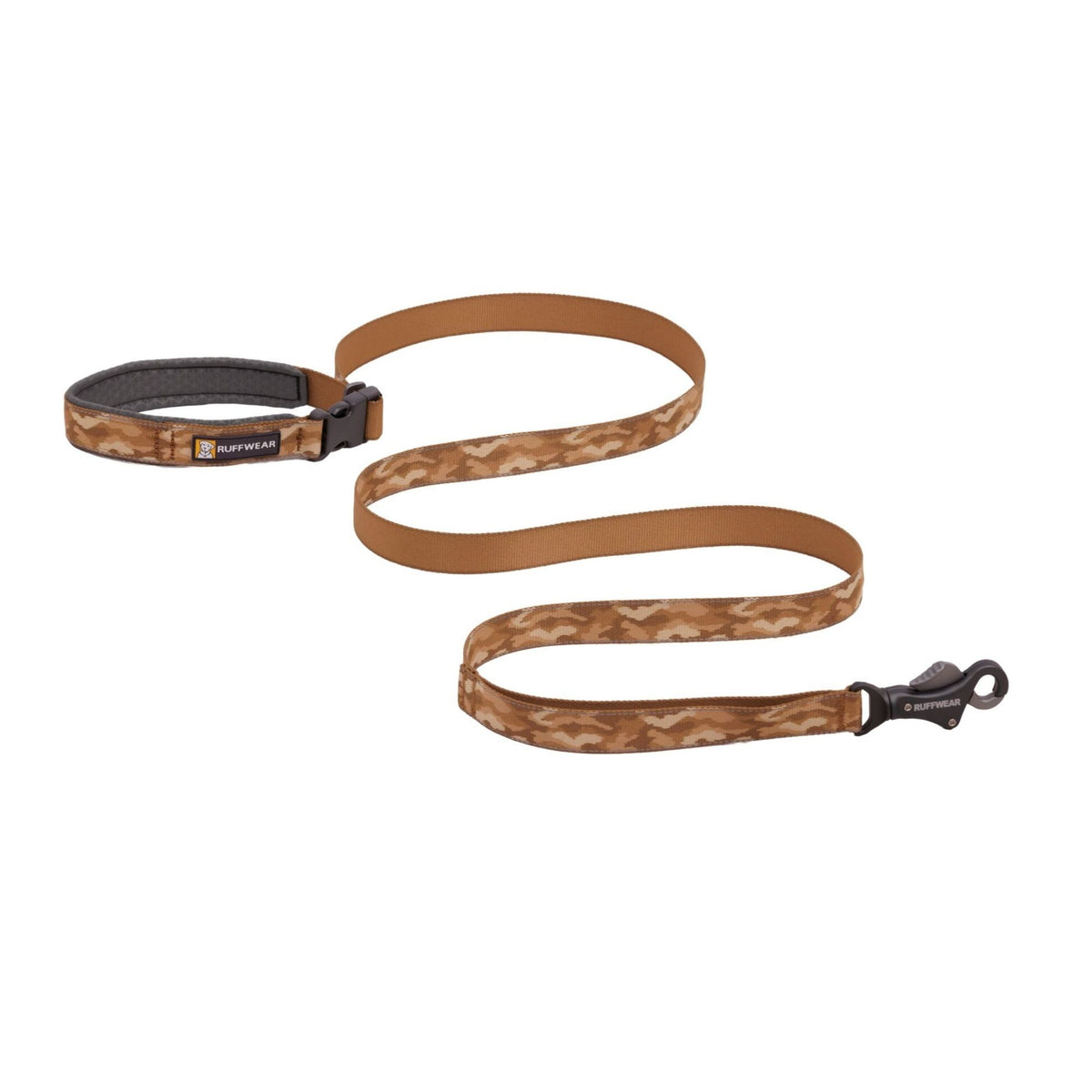 Ruffwear Crag Reflective Lead in Desert Spice, showing padded handle with side-release buckle and Talon Clip, camouflage Tubelok webbing in warm tan, sand and brown