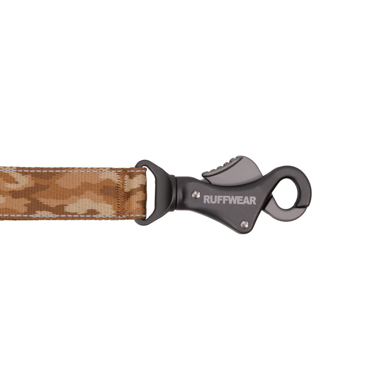 Ruffwear Crag Reflective Lead in Desert Spice, showing Talon Clip and Tubelok webbing in warm tan, sand and brown camouflage print