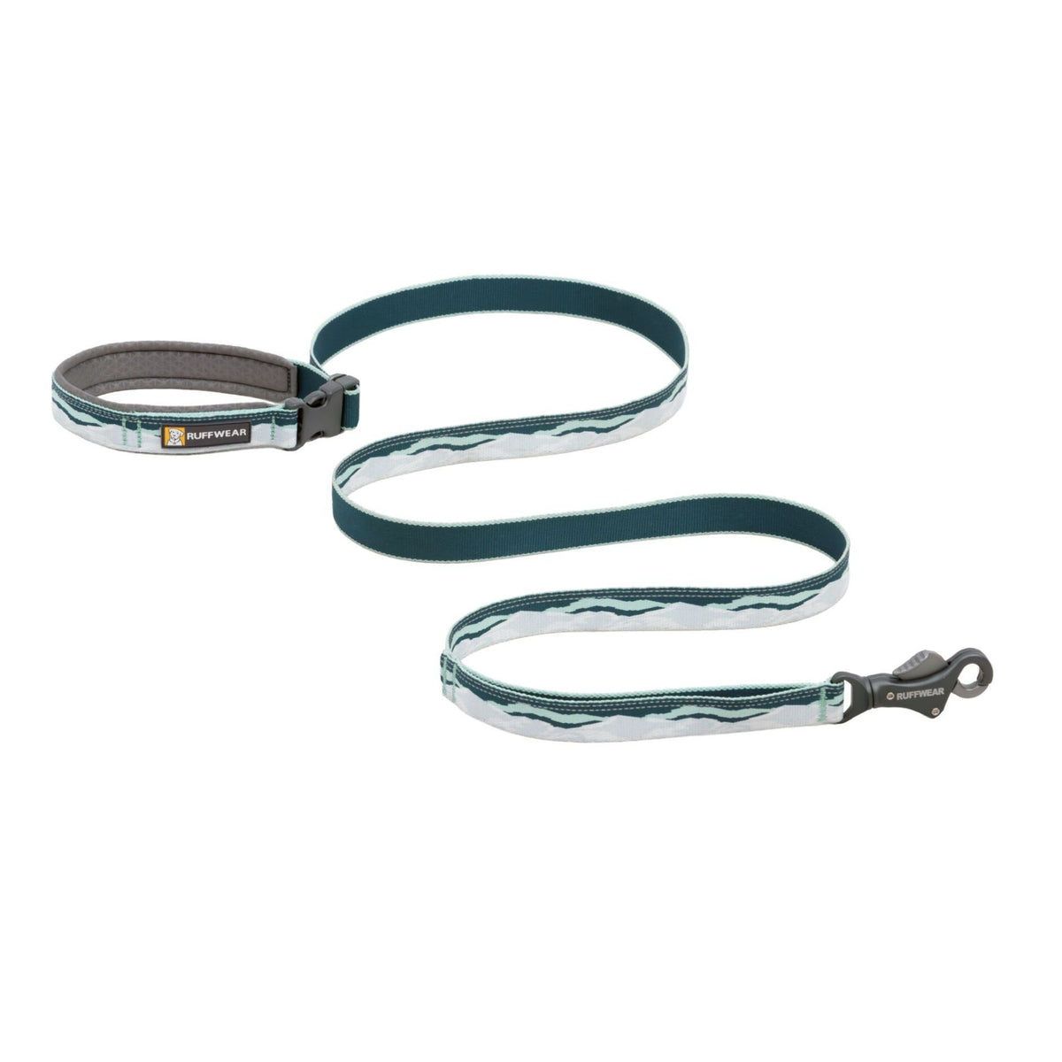 Ruffwear Crag Reflective Lead in Northern Lights, showing padded handle with side-release buckle and Talon Clip, geometric Tubelok webbing in pale ice blue, white and deep teal