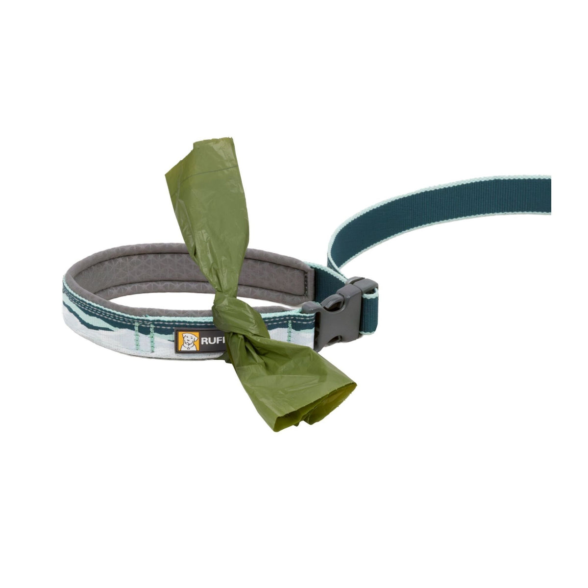 Ruffwear Crag Reflective Lead in Northern Lights, showing accessory loop in use with a pick-up bag attached