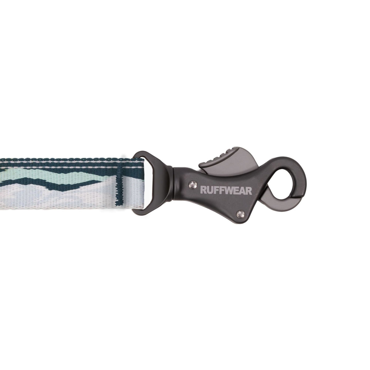 Ruffwear Crag Reflective Lead in Northern Lights, showing Talon Clip and Tubelok webbing in pale ice blue, white and deep teal geometric pattern