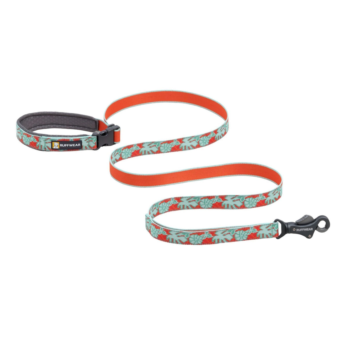 Ruffwear Crag Reflective Lead in Tropical Bloom, showing padded handle with side-release buckle and Talon Clip, floral Tubelok webbing in coral red and sage green