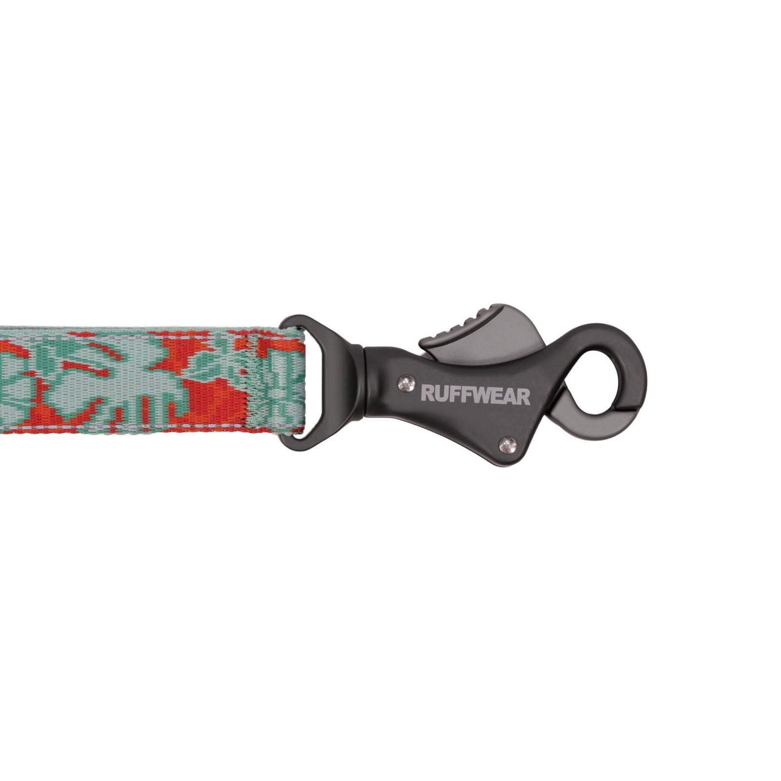 Ruffwear Crag Reflective Lead in Tropical Bloom, showing Talon Clip and Tubelok webbing in coral red and sage green floral print