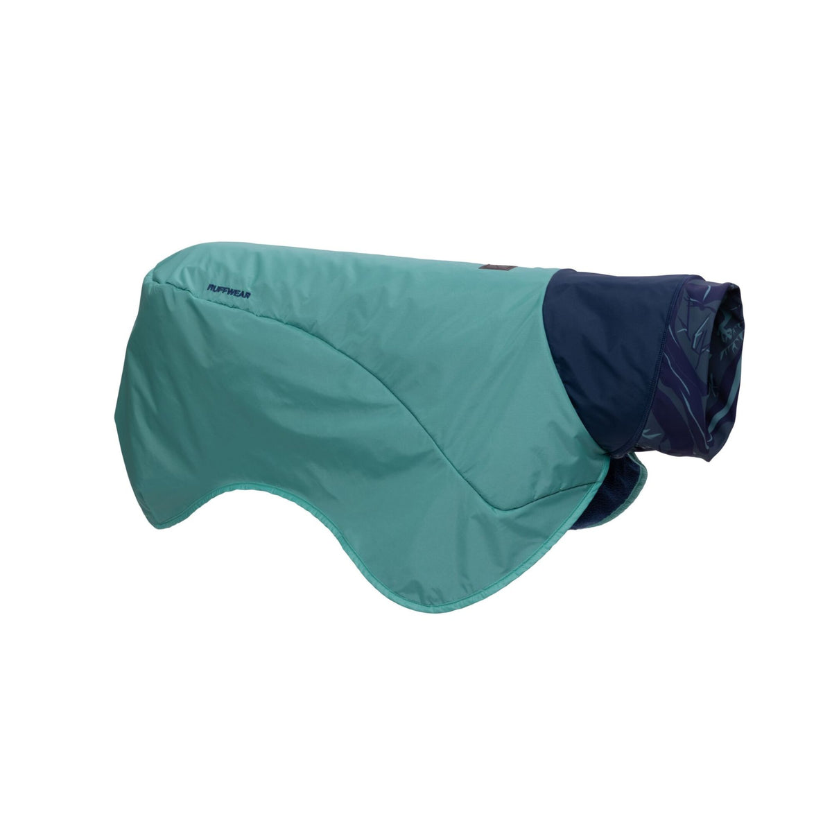 Ruffwear Dirtbag Dog Towel in Aurora Teal on a white background, showing the teal waterproof shell and navy microfiber lining folded back at the neck