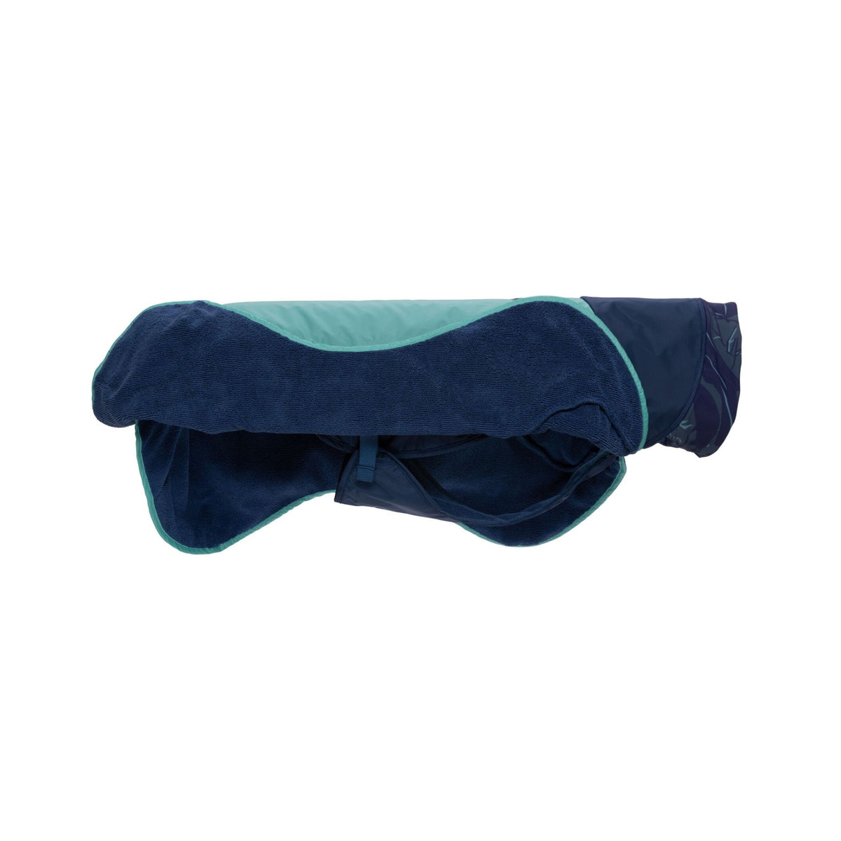 Ruffwear Dirtbag Dog Towel in Aurora Teal on a white background, showing the navy microfiber lining face up with teal waterproof shell visible at the edges