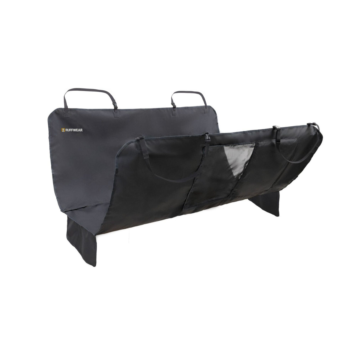 Ruffwear Dirtbag Seat Cover in Basalt Gray on a white background, shown in hammock configuration with headrest straps extended, mesh window panel visible at centre, and side flaps folded out