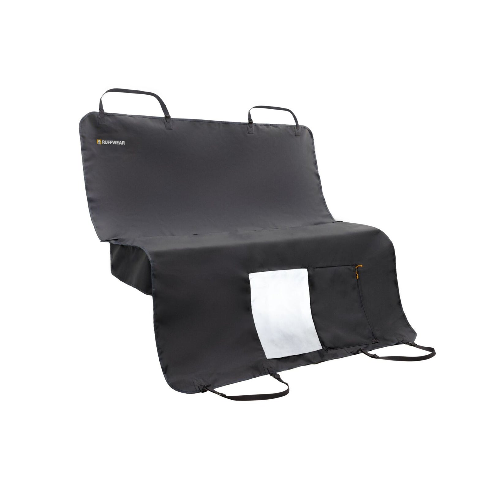 Ruffwear Dirtbag Seat Cover in Basalt Gray on a white background, shown in hammock configuration with headrest straps extended, mesh window panel visible at centre, and side flaps folded out