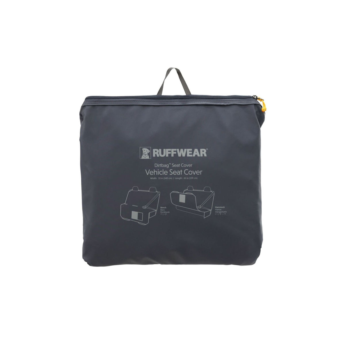 Ruffwear Dirtbag Seat Cover packed into its Basalt Gray zip stow bag on a white background, Ruffwear branding and bench/hammock configuration diagrams printed on the front