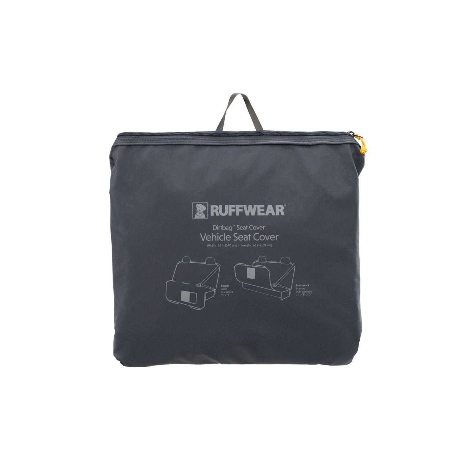 Ruffwear Dirtbag Seat Cover packed into its Basalt Gray zip stow bag on a white background, Ruffwear branding and bench/hammock configuration diagrams printed on the front