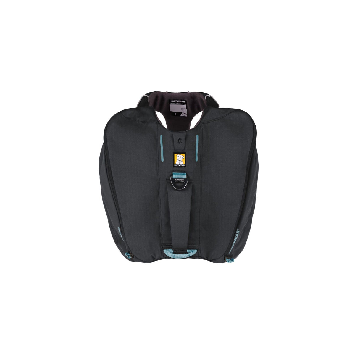 Ruffwear Front Range Day Pack in Basalt Grey, top-down view on white background showing the saddlebags, padded spine, chest harness panel, and V-ring leash attachment point.