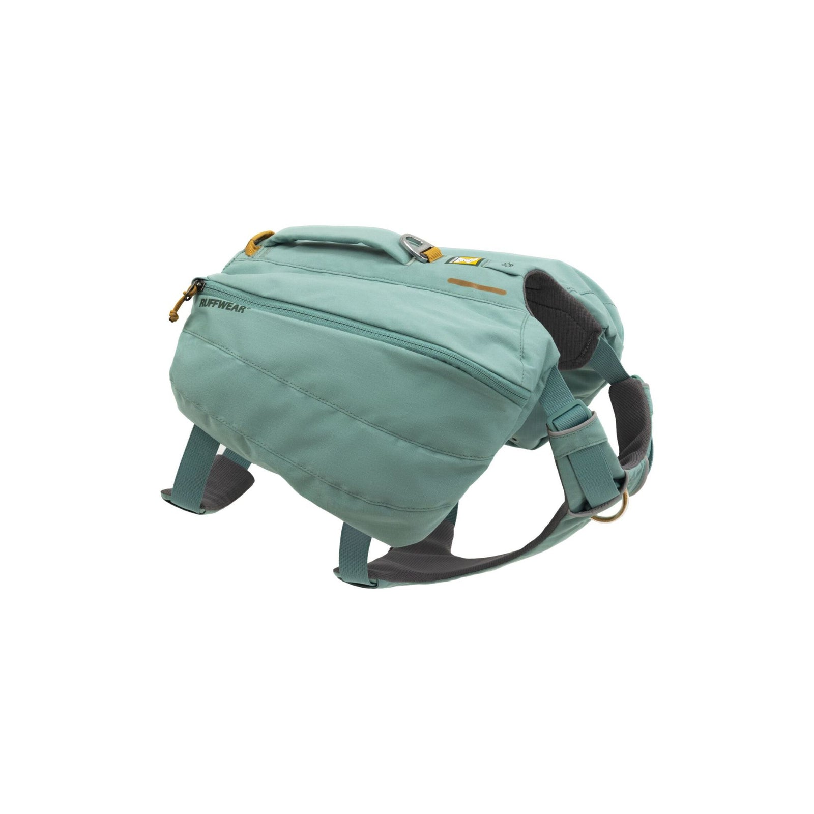 Ruffwear Front Range Day Pack in Basalt Grey, three-quarter view on white background showing the saddlebags, zip closure, padded handle, and belly strap with V-ring attachment.