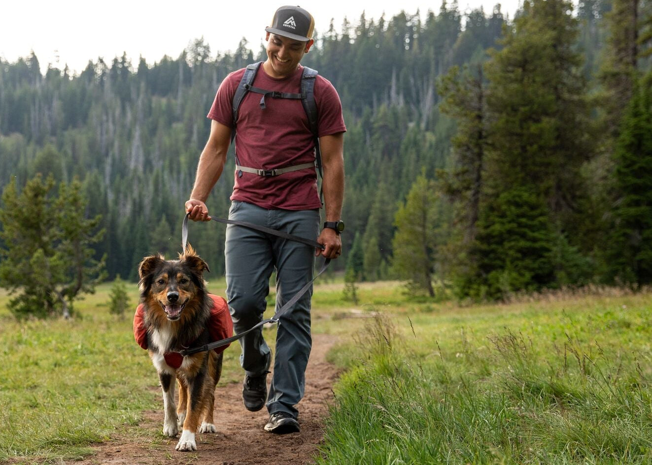 Man hiking on forest trail with border collie wearing Ruffwear Front Range Day Pack, using Ruffwear Switchbak Double-Ended Dog Lead clipped front and back