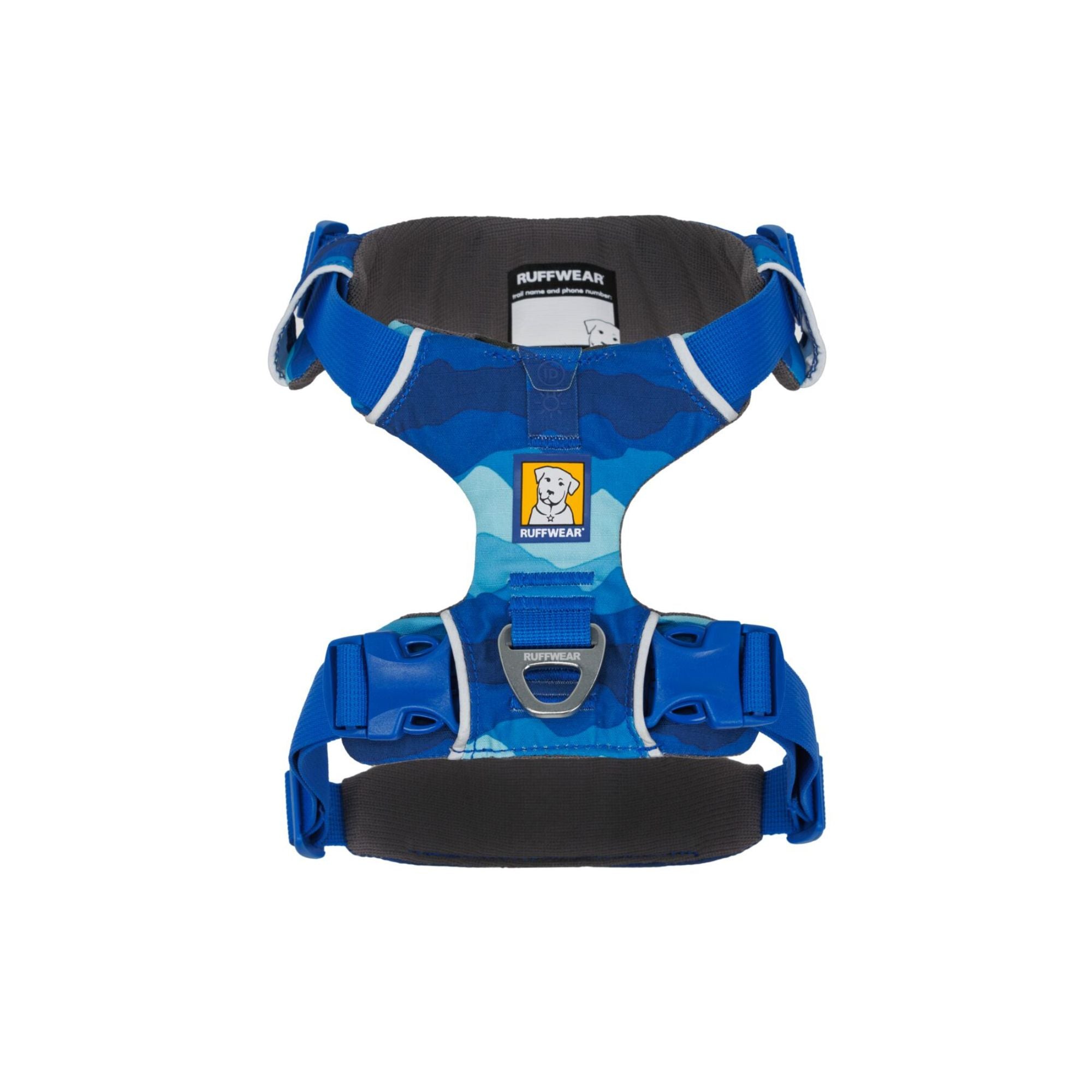 Ruffwear Front Range Harness in Coastal Mountains shown from above on a white background, displaying the foam-padded back panel, aluminium V-ring and ID pocket