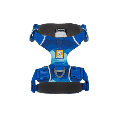 Ruffwear Front Range Harness in Coastal Mountains shown from above on a white background, displaying the foam-padded back panel, aluminium V-ring and ID pocket