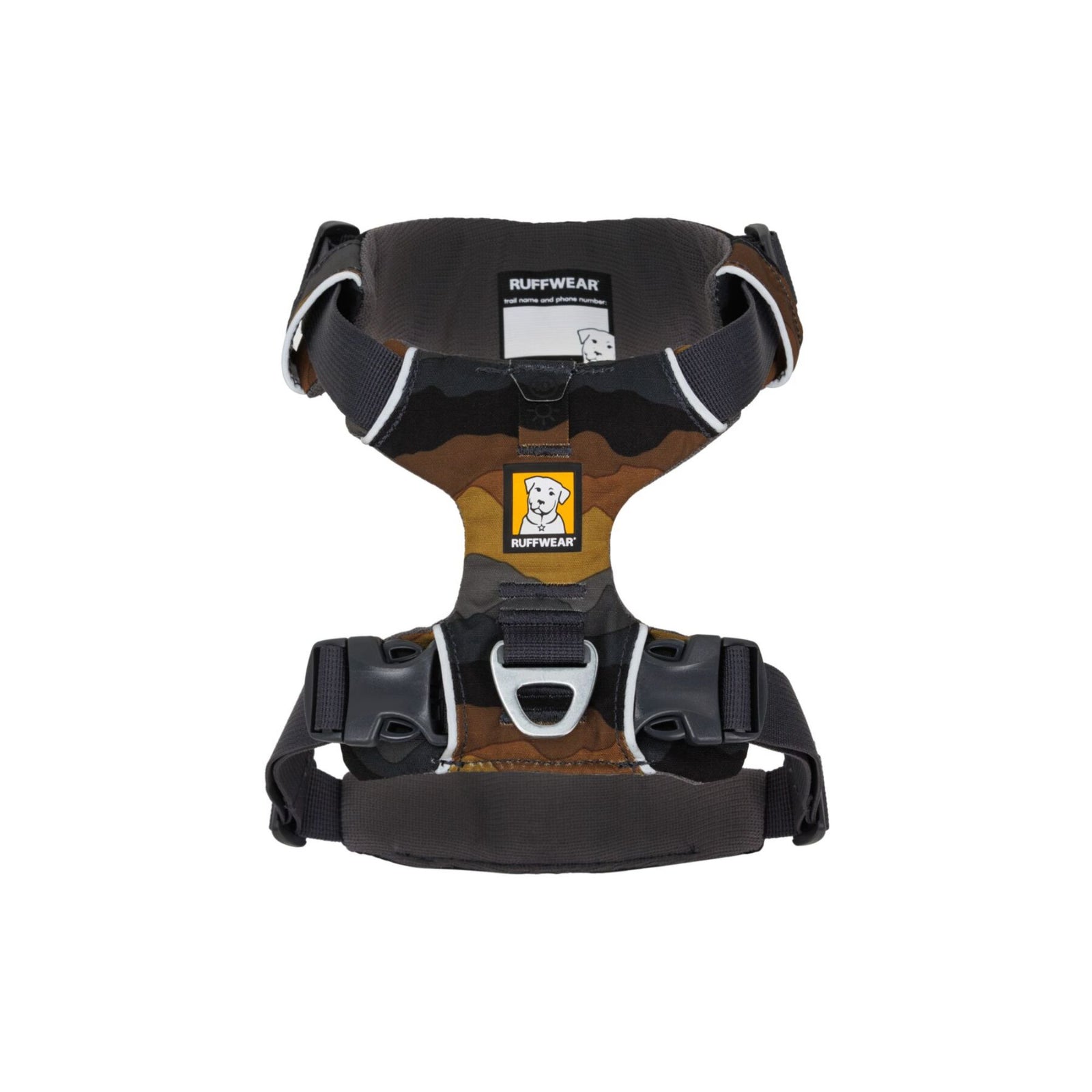 Ruffwear Front Range Harness in Moonlight Mountains shown from above on a white background, displaying the foam-padded back panel, aluminium V-ring and ID pocket