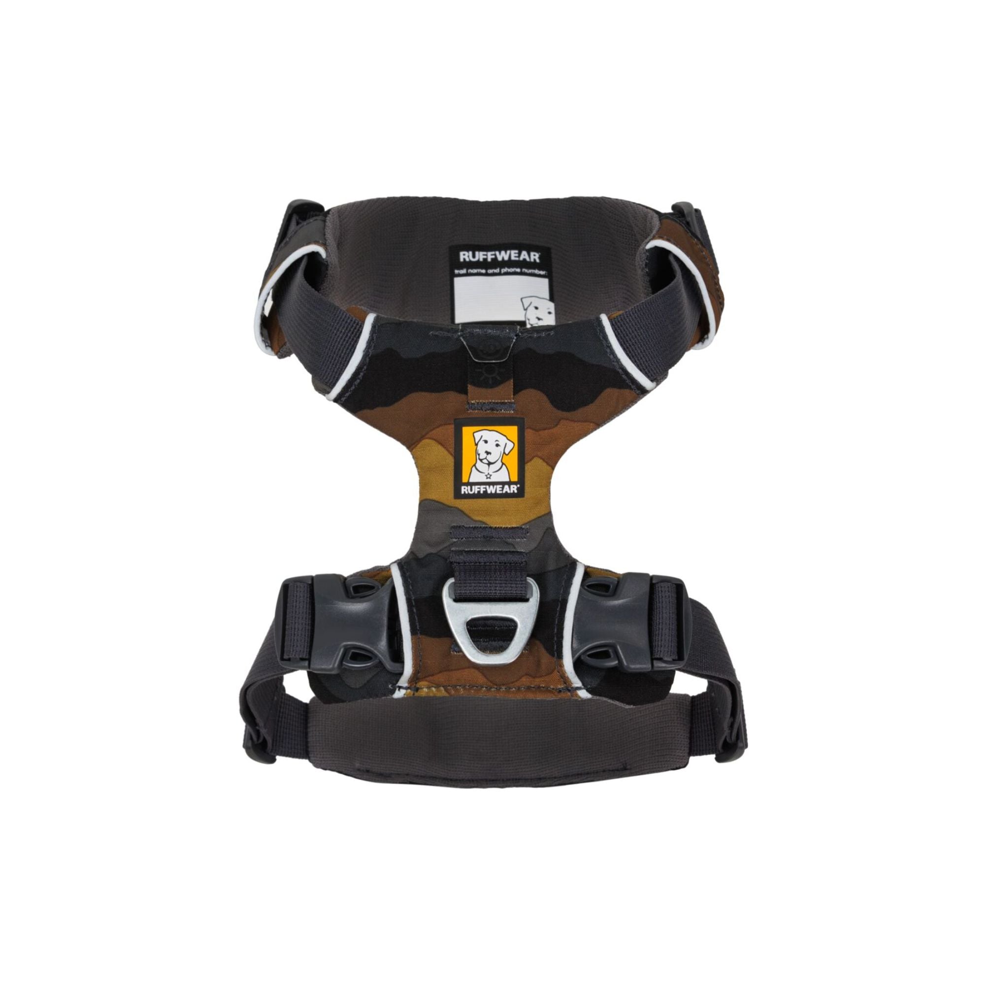 Ruffwear Front Range Harness in Moonlight Mountains shown from above on a white background, displaying the foam-padded back panel, aluminium V-ring and ID pocket