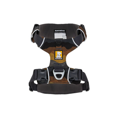 Ruffwear Front Range Harness in Moonlight Mountains shown from above on a white background, displaying the foam-padded back panel, aluminium V-ring and ID pocket
