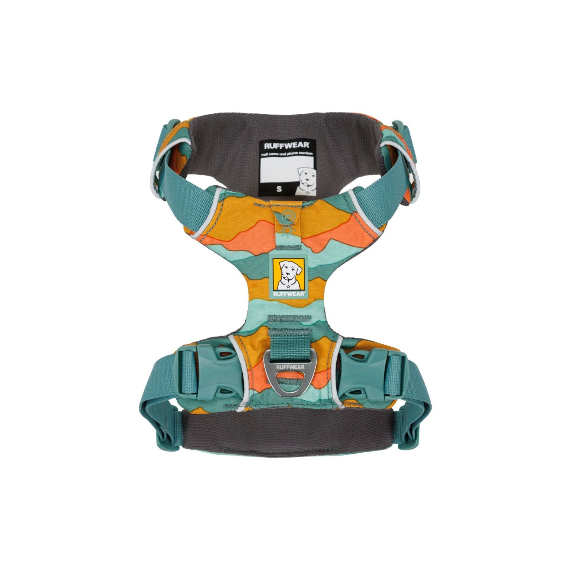 Ruffwear Front Range Harness in Spring Mountains shown from the top on a white background, displaying the foam-padded back panel, aluminium V-ring and ID pocket