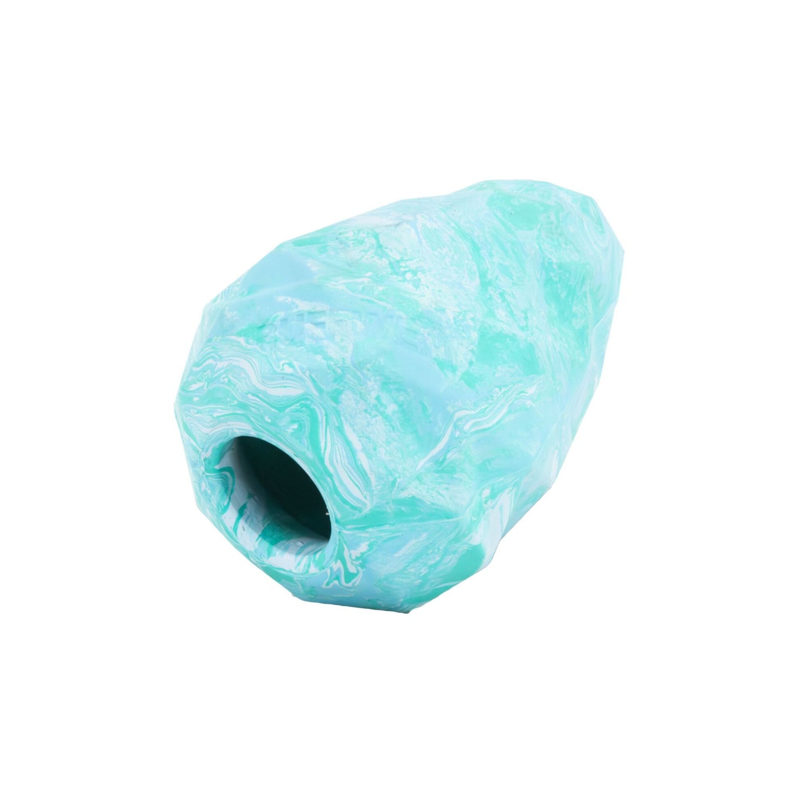 Ruffwear Gnawt-a-Cone dog toy in Glacial Blue on a white background, showing the open treat chamber and irregular natural latex surface