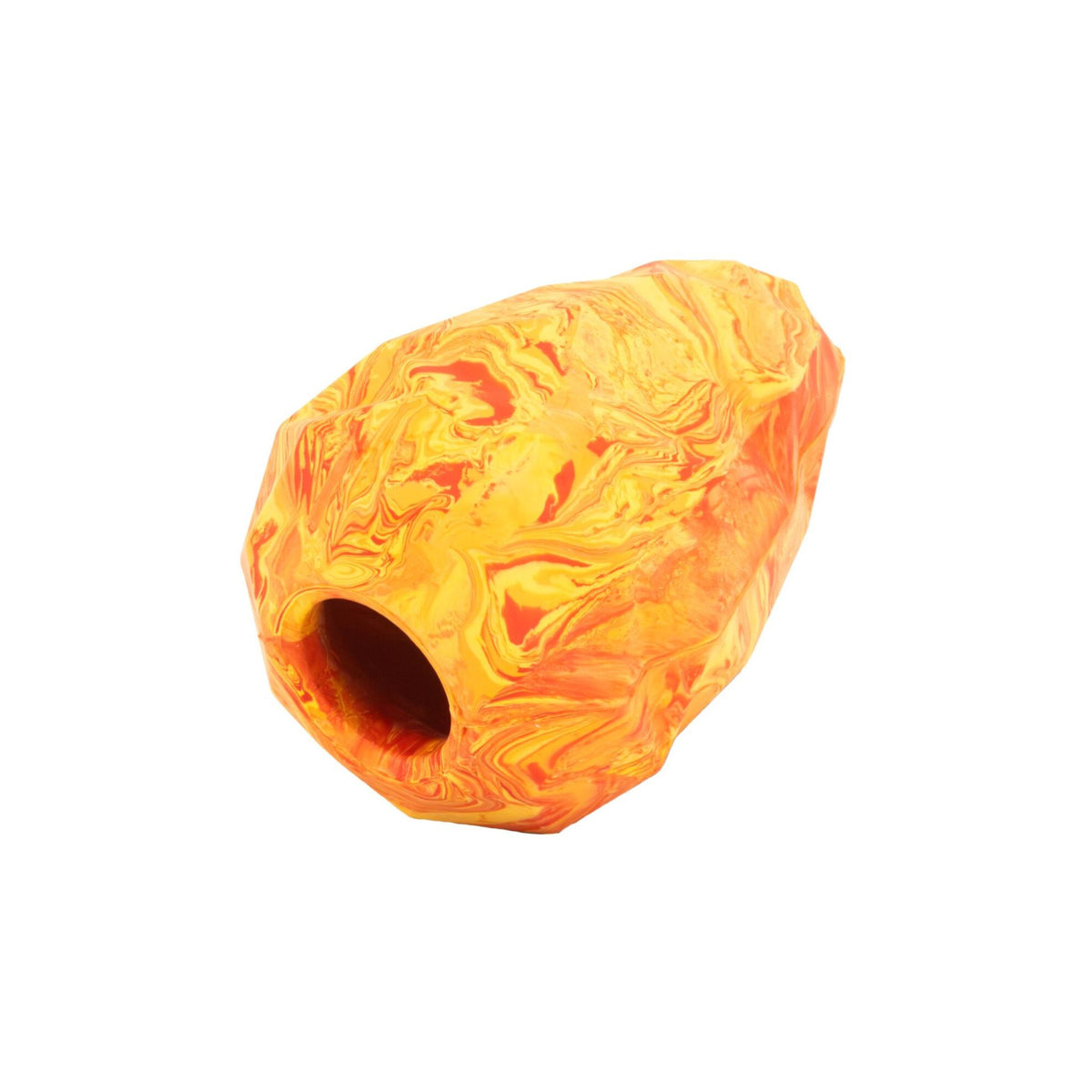 Ruffwear Gnawt-a-Cone dog toy in Salamander Orange on a white background, showing the open treat chamber and irregular natural latex surface