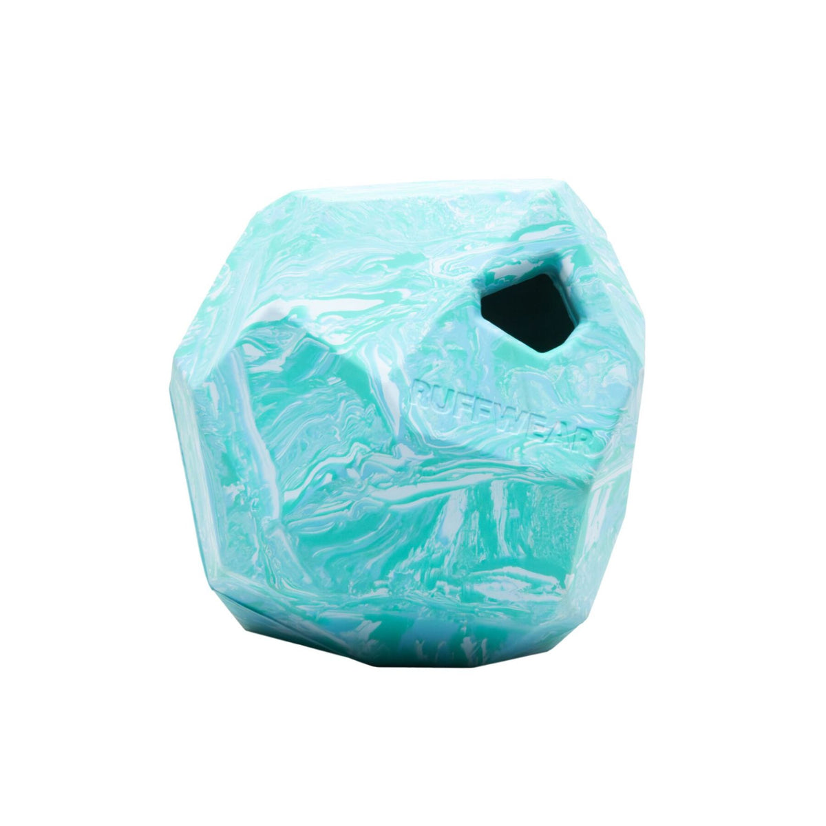 Ruffwear Gnawt-a-Rock dog fetch and puzzle toy in Glacial Blue on a white background, showing the faceted natural latex rubber surface and treat-dispensing opening