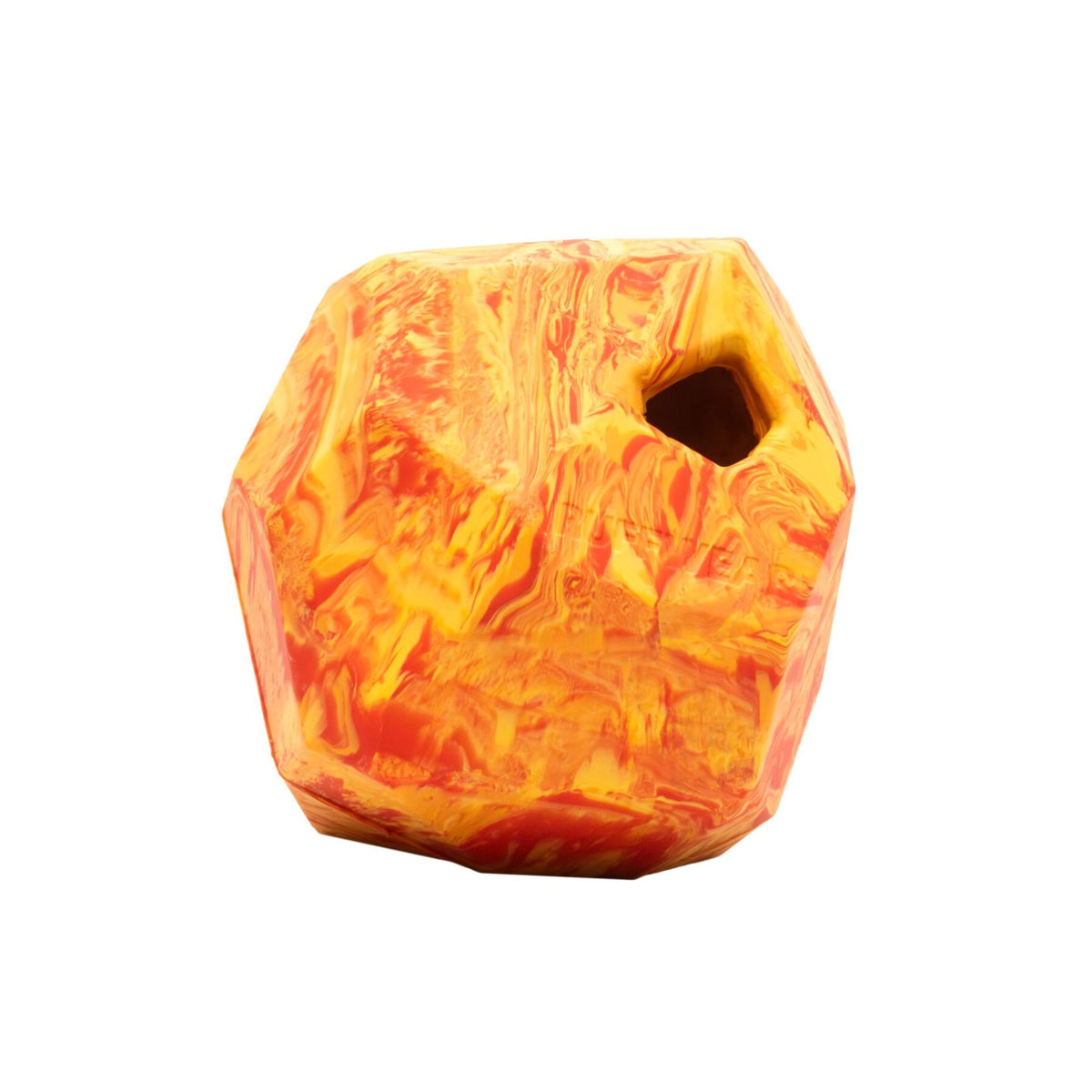 Ruffwear Gnawt-a-Rock dog fetch and puzzle toy in Salamander Orange on a white background, showing the faceted natural latex rubber surface and treat-dispensing opening