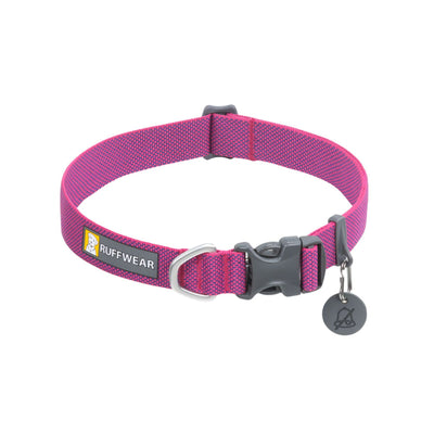 Ruffwear Hi & Light dog collar in Alpenglow Pink, showing side-release buckle and aluminium D-ring