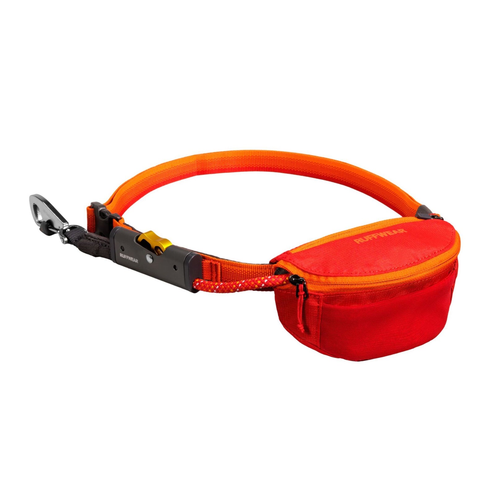 Ruffwear Hitch Hiker Dog Lead in Sunny Lime showing the full 12-foot kernmantle rope, stow bag, HitchLock rope adjuster, and Crux Clip on a white background
