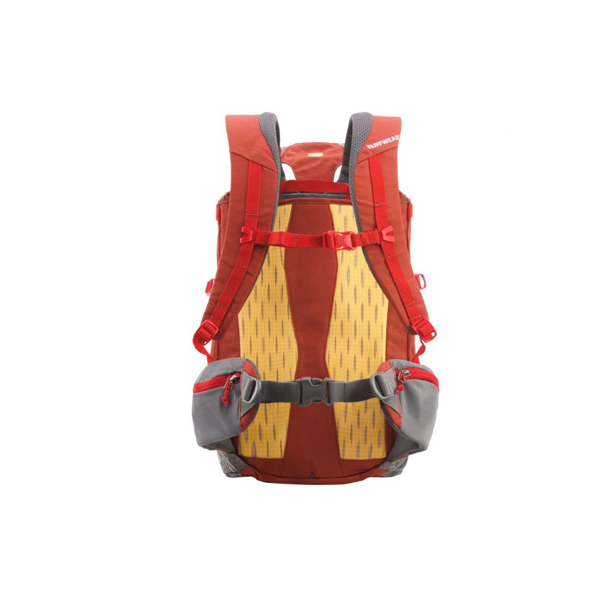 Ruffwear Hitch Hiker dog backpack carrier in Red Clay on a white background, shown from the rear, displaying the breathable back panel, padded shoulder straps, chest strap, and zippered hip belt pockets