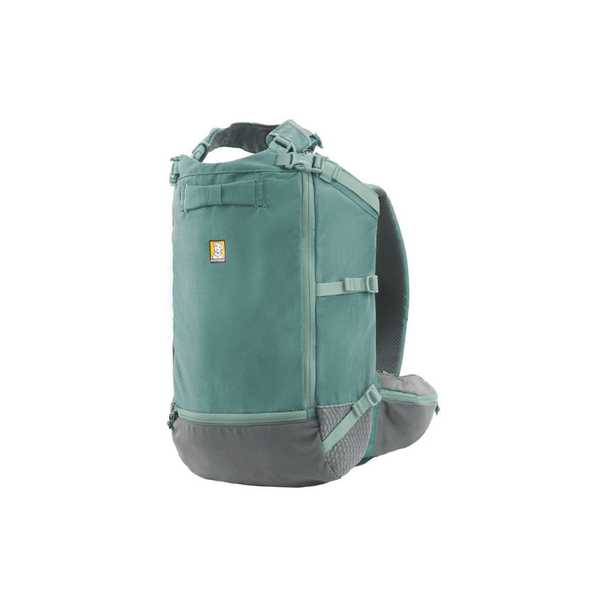 Ruffwear Hitch Hiker dog backpack carrier in River Rock Green on a white background, shown from the side, displaying the grab handle, dual locking zippers, cinch straps, and air mesh side panels at the base