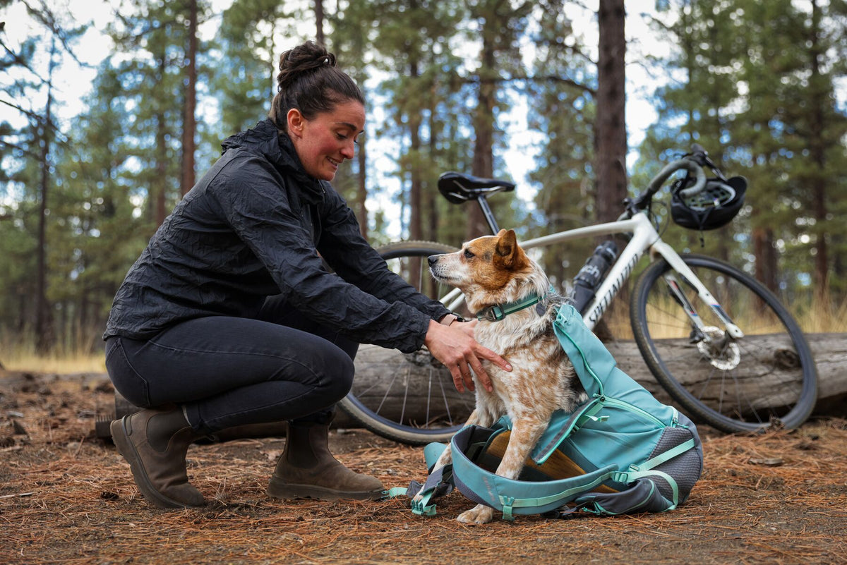 Woman crouching in a pine forest helping a red and white dog into the open Ruffwear Hitch Hiker dog backpack carrier in River Rock Green, smiling, with a white road bike leaning against a fallen log behind them