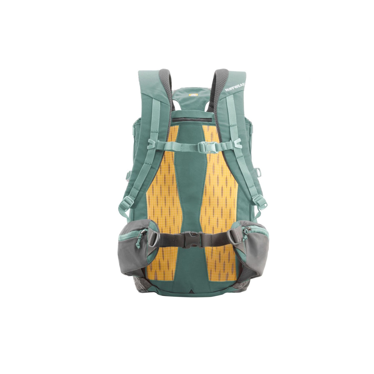 Ruffwear Hitch Hiker dog backpack carrier in River Rock Green on a white background, shown from the rear, displaying the breathable back panel, padded shoulder straps, chest strap, and zippered hip belt pockets