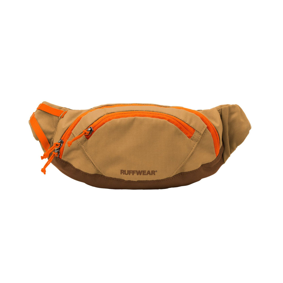 Ruffwear Home Trail hip pack in Brown Bear on a white background, shown from the front, displaying the zippered front compartment with orange zip pulls, main compartment zip, and Ruffwear wordmark